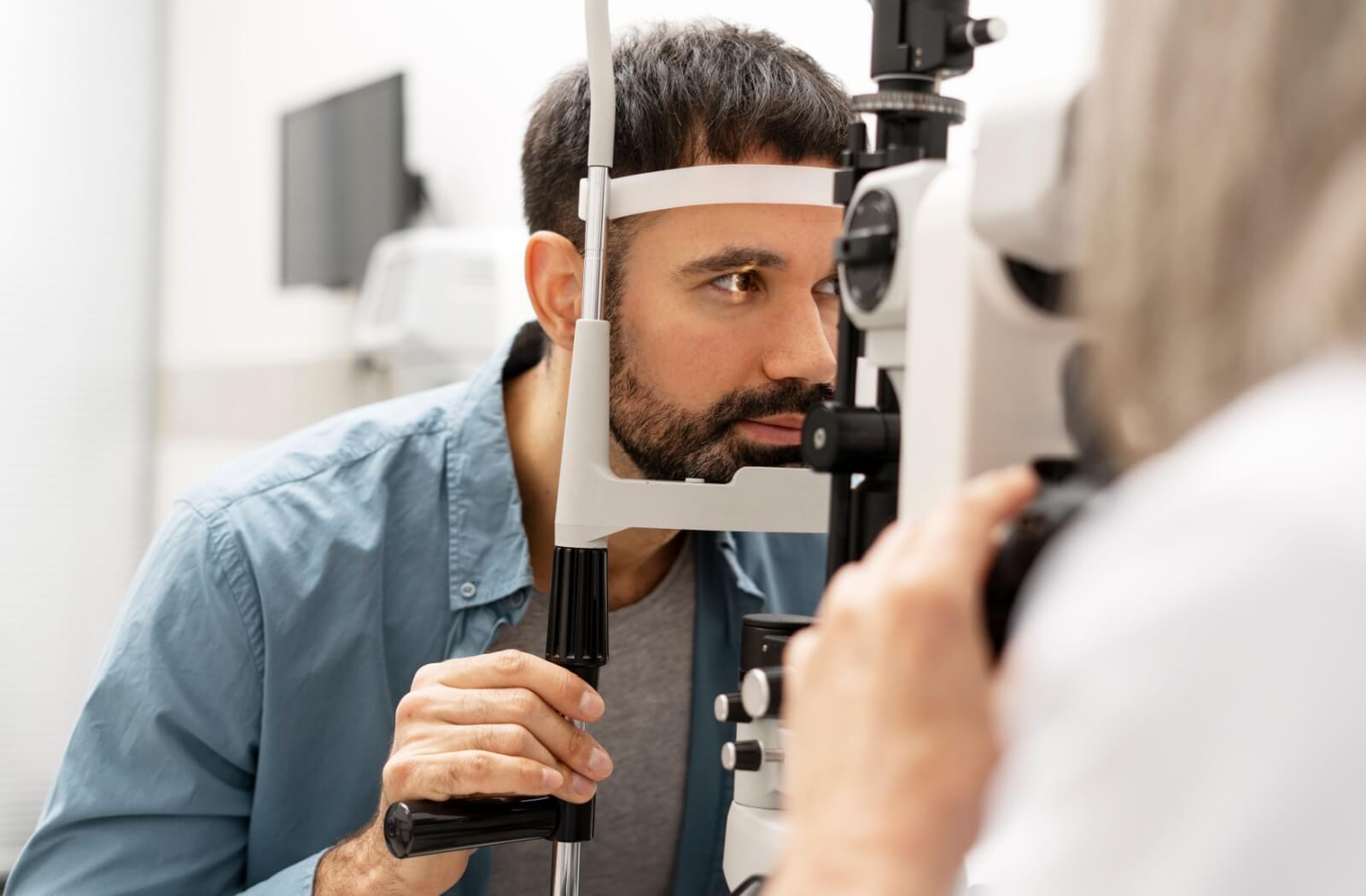 A person sitting at an ophthalmic slit lamp while undergoing an eye examination with an optometrist.