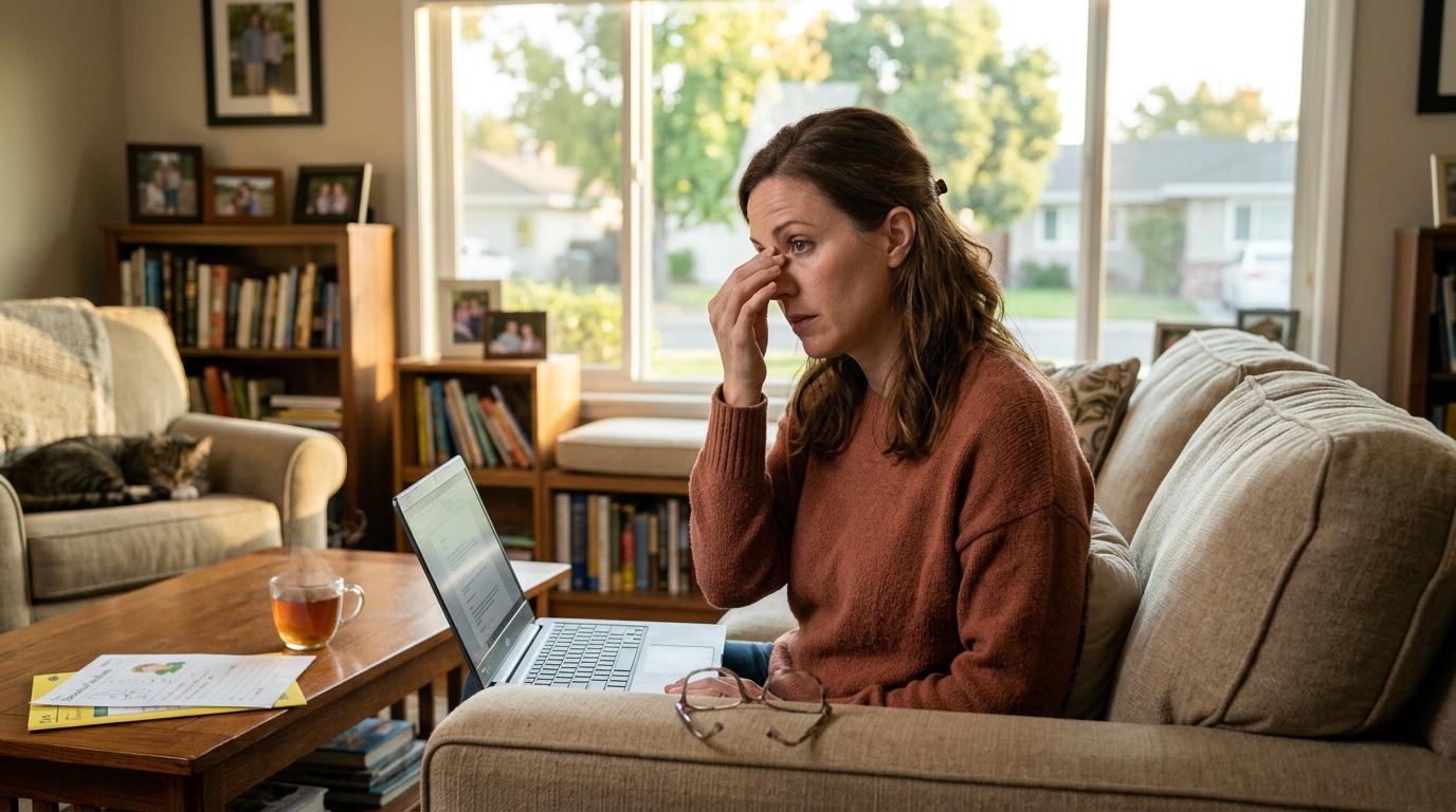 Person rubbing their eyes while sitting at a computer, showing signs of eye strain from screen use.