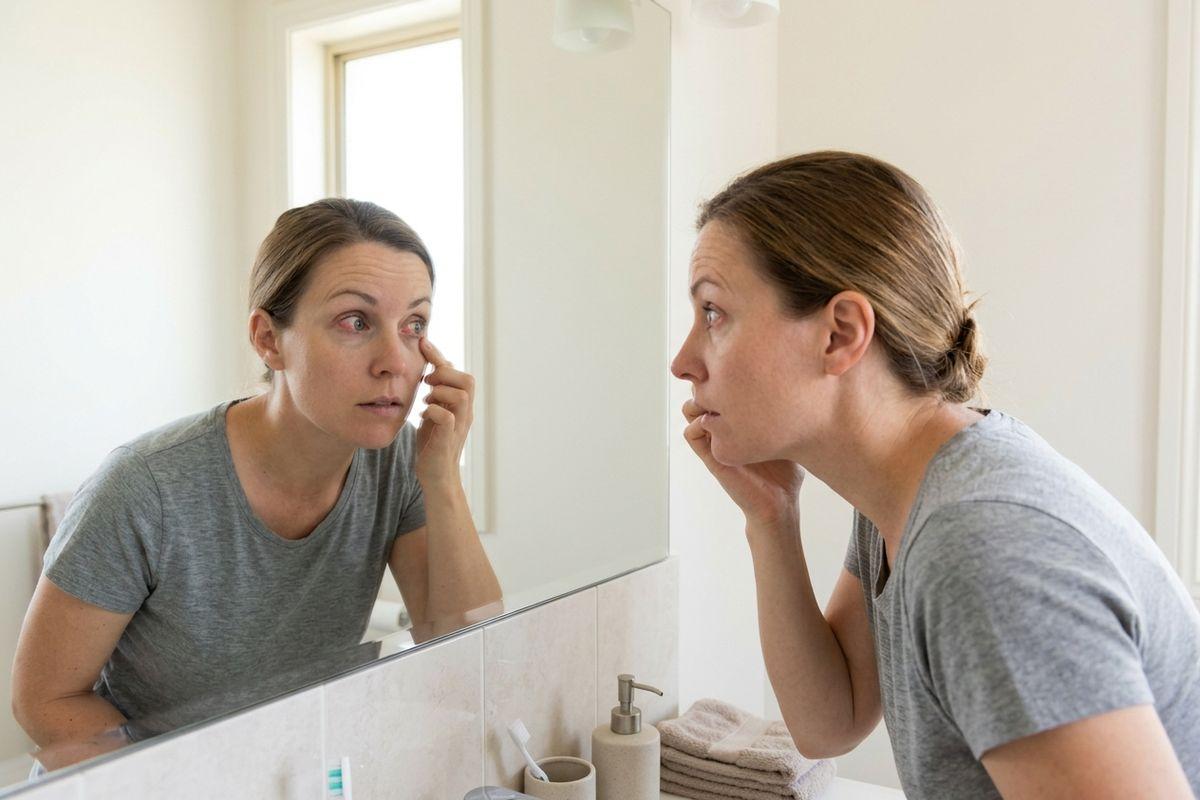 A concerned adult looks into a bathroom mirror, pulling down their lower eyelid with one finger to examine their visibly red eye.
