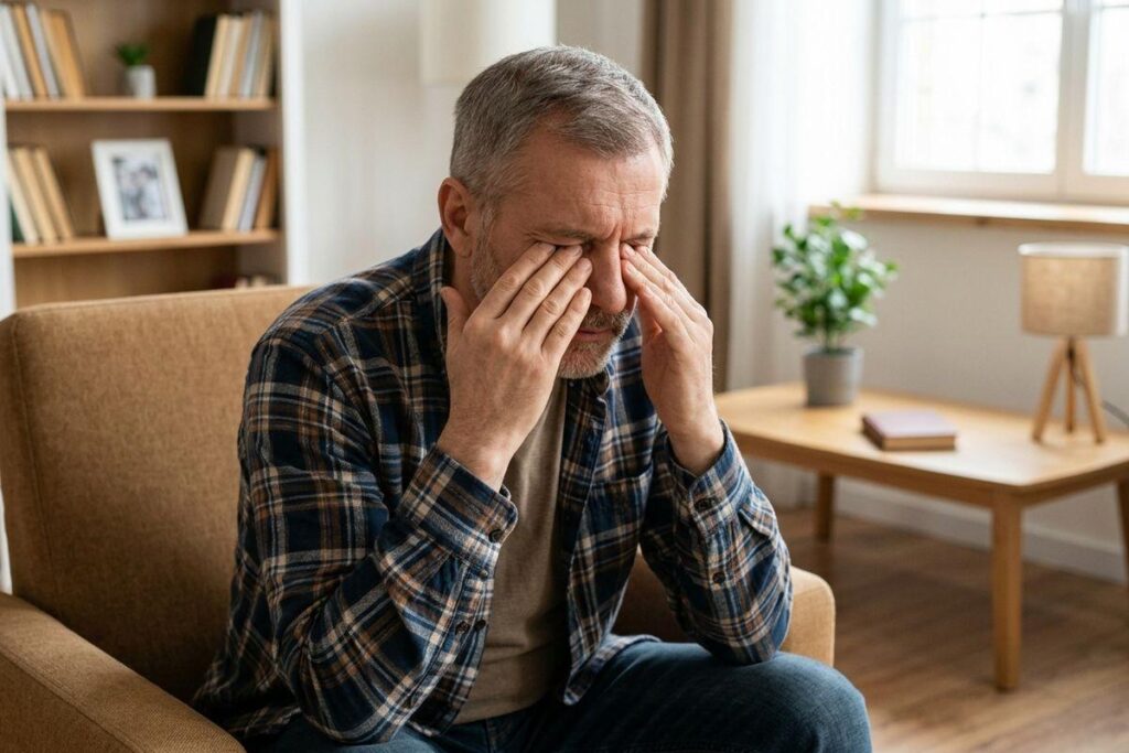 An older adult in a plaid shirt sits in a living room armchair, rubbing both closed eyes with their fingers.