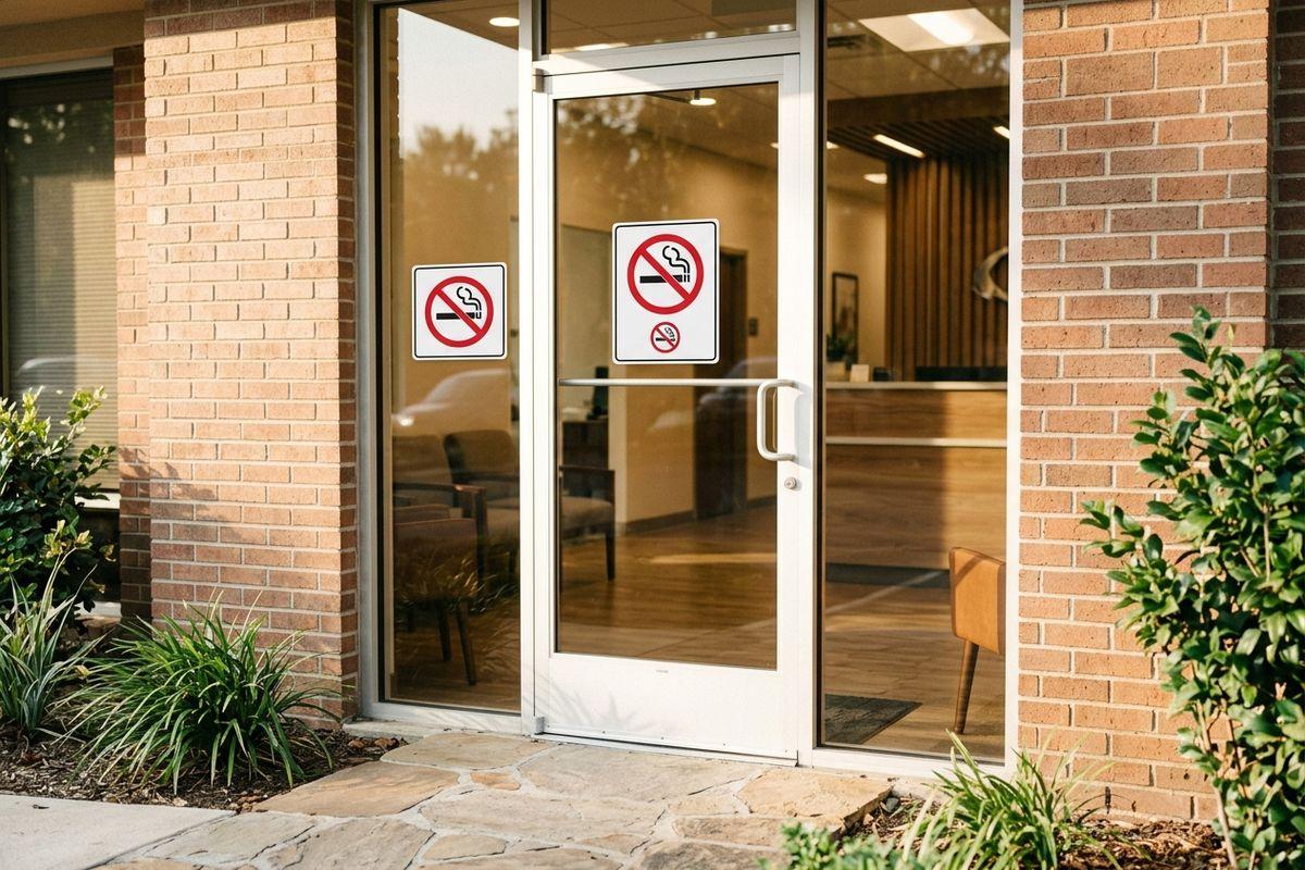 Glass entrance door of a brick building displaying no-smoking signs, with a waiting room lobby visible inside.