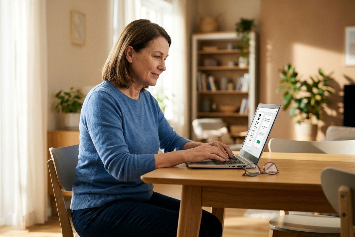 Adult sitting at a home dining table, typing on a laptop displaying an eye chart test webpage. Glasses rest on the table nearby.