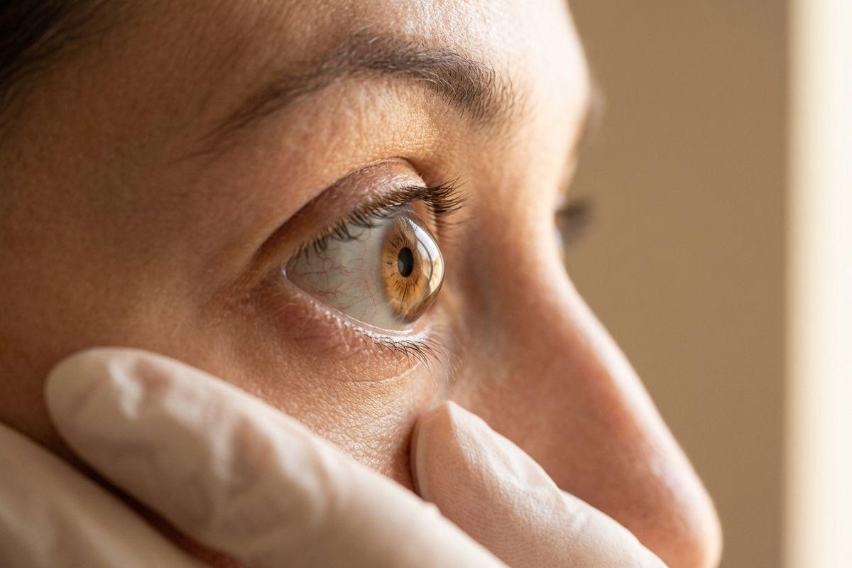 Close-up side profile of a person's eye. Gloved fingers hold the lower lid down, showing a noticeably protruding, cone-shaped cornea.
