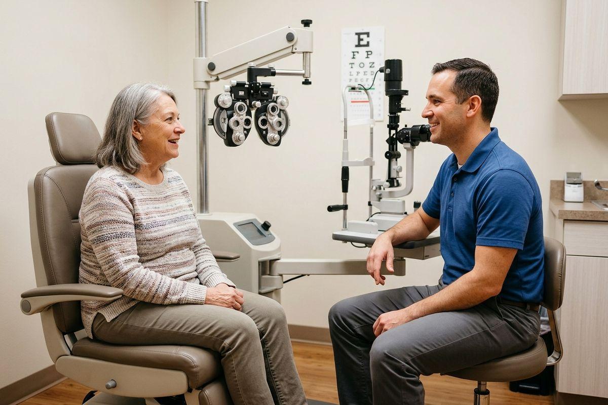 Older adult patient sitting in an exam chair talking with a smiling optometrist in an eye exam room with a phoropter and eye chart.