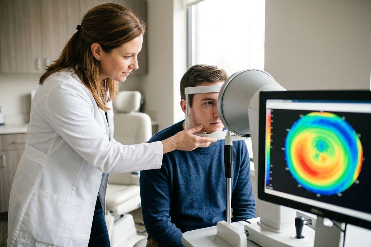 Optometrist positions a young adult's chin at a corneal scanning device while a colour topography map displays on the monitor.