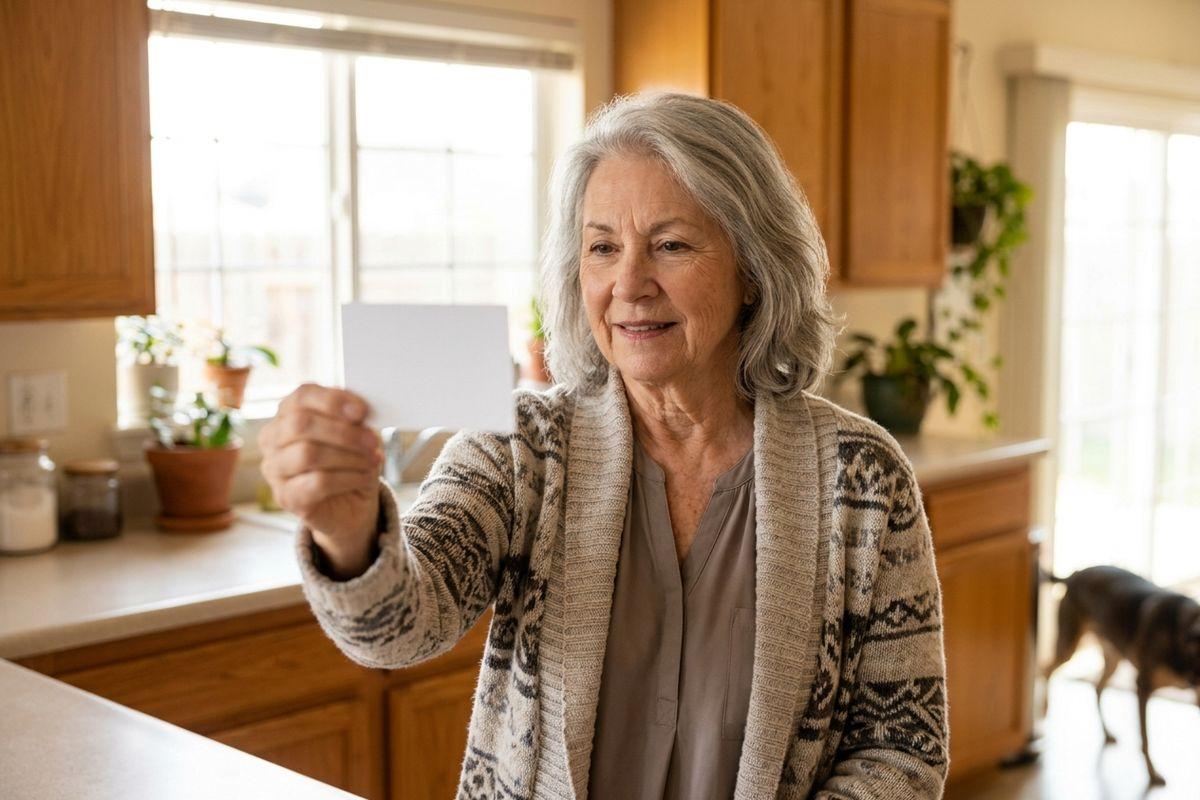 Older adult in a patterned cardigan holds up a blank white card in a kitchen, smiling slightly, with a dog in the background.