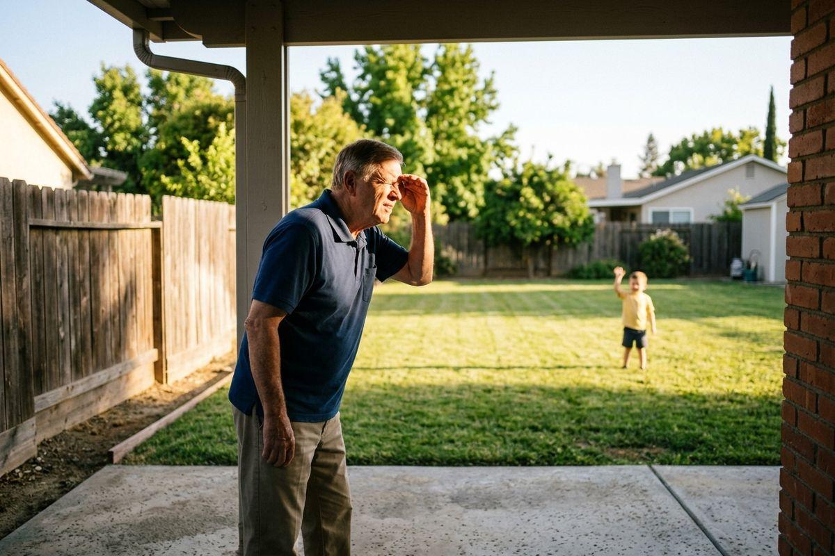 Older adult stands on a shaded patio shielding their eyes with a hand, looking toward a young child waving on a sunlit backyard lawn.