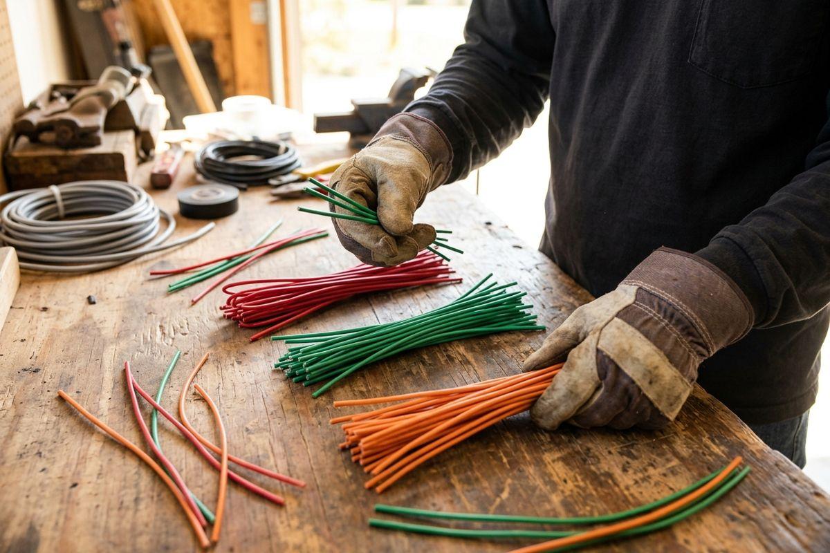 Person in work gloves sorting bundles of red, green, and orange wires on a wooden workbench, with coiled cable and electrical tape nearby.