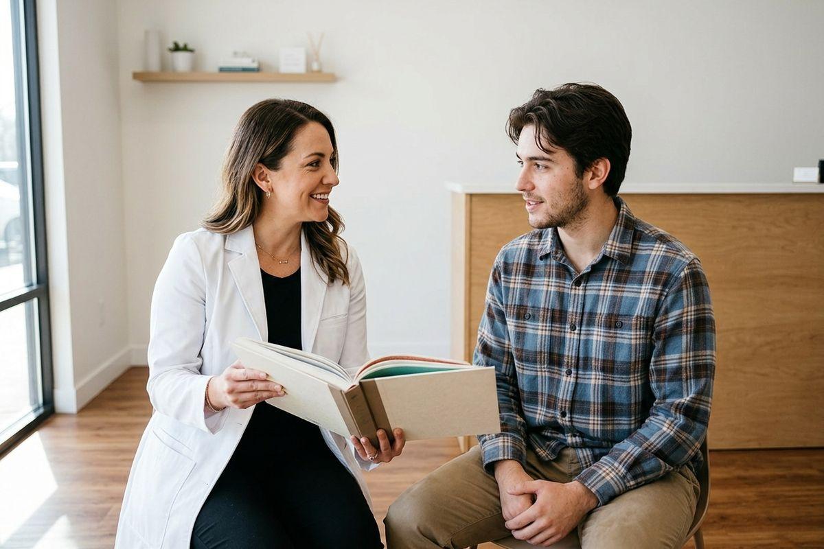 Smiling clinician in a white coat holds an open book while talking with a seated adult in a plaid shirt in a bright clinic room.